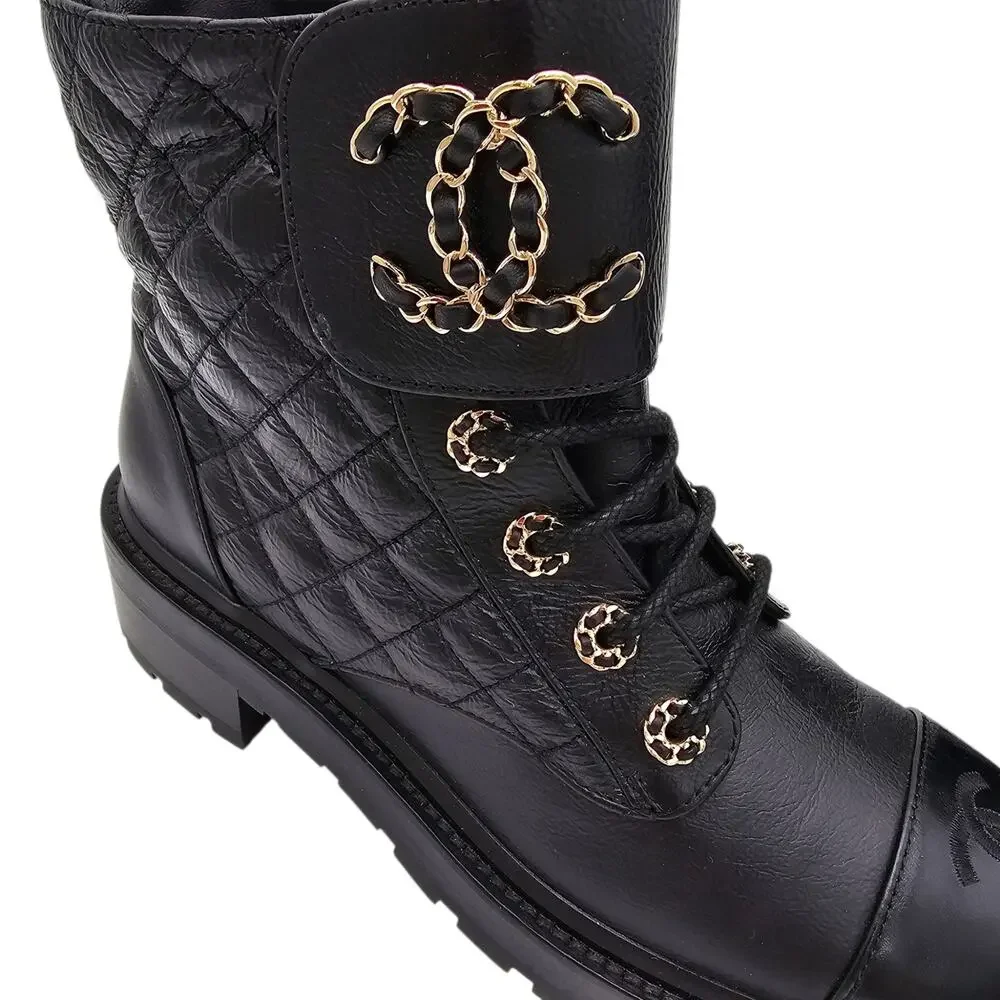 Chanel CC Chain Black Quilted Leather Combat Short Boot Lace Up Size 39 8 8.5